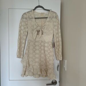 Cream Tie Front Sundress with Bishop Sleeves